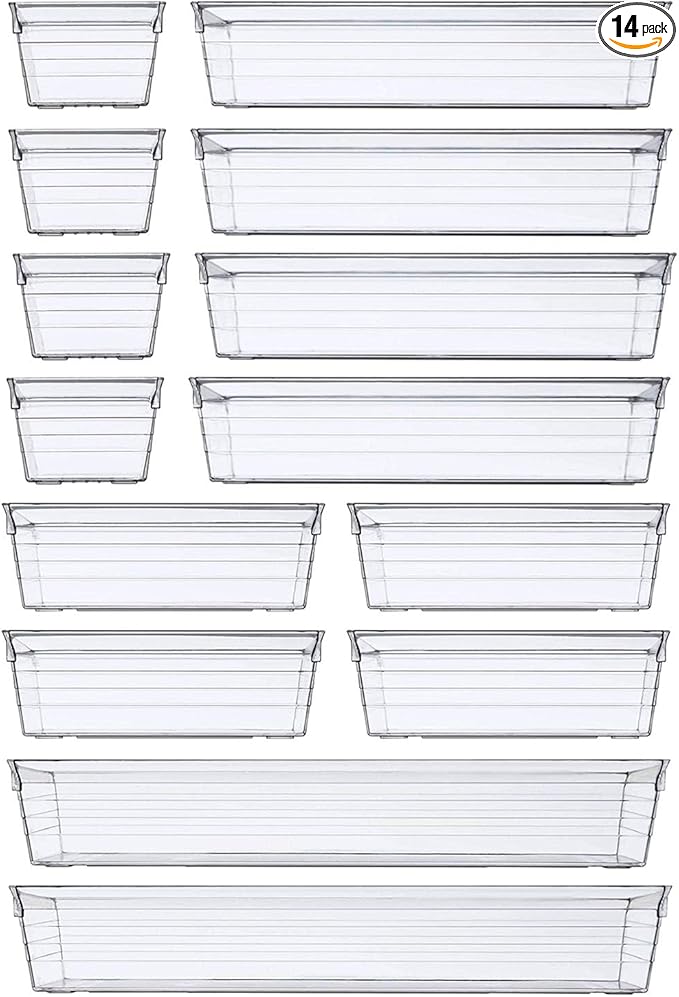 DCA 14 PCS Clear Plastic Drawer Organizer Tray for Makeup, Kitchen Utensils, Jewelries and Gadgets