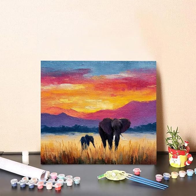 Paint by Numbers Kit for Adults Elephant Paint by Numbers Grassland DIY Crafts for Adults Canvas Paintings Kits, Hobbies for Women Art With Accessories, Home Wall Decor 32x32inch Without Frame 8-7022