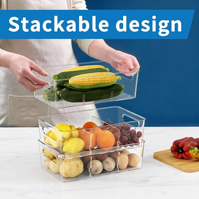 Mpotmiy 4 Pack Clear Pantry Organizers and Storage Bins with Divider, Transparent Plastic Basket, Refrigerator and Fridge Bins