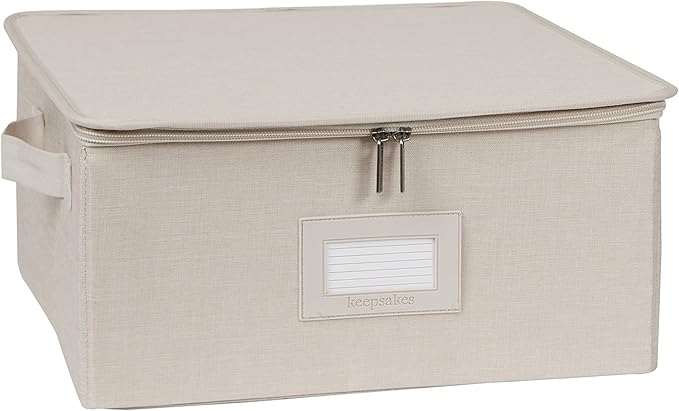Covermates Dish Storage Box – China & Dinner Plate Storage Container with Dual Zippers, Reinforced Handles, ID Window & Stackable Structured Walls for Dishware Organization, Beige Heather