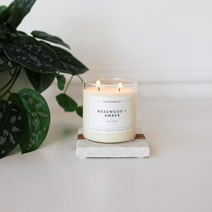 Calyan Wax Co. Rosewood & Amber 2 Wick Scented Candle - 37 Hour Burn - Luxury Non Toxic Soy Wax Candles - Long Lasting Large Glass Jar Candle for Home - 8.8oz