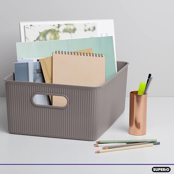 Superio Ribbed Collection - Decorative Plastic Basket Open Home Storage Bins Organizer, Large Taupe (6 Pack) Container Boxes for Organizing Closet Storage Bins for Shelves 15 Liter/16 Quart