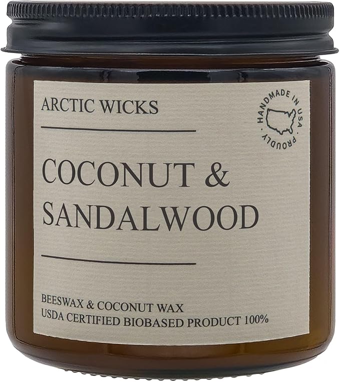 Arctic Wicks Handcrafted Candles | Non Toxic Coconut Beeswax Candles 16oz Double Wick | 100% USDA Certified Biobased, Handmade, Premium Waxes, Non-Toxic (Coconut & Sandalwood, 16oz Amber Jar)