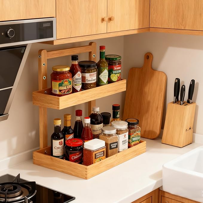 2-Tier Under Sink Pull Out Organizer, Bamboo Cabinet Storage Shelf with Adjustable Height, Slide Out for Kitchen Bathroom Pantry Cabinet