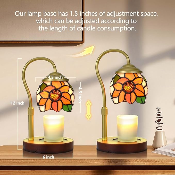 Sunflower Tiffany-Style Candle Warmer Lamp with 2 Bulbs - Handcrafted Stained Glass, Height-Adjustable Timer & 4 Dimmer Levels, No Assembly Required, Fits Jars up to 5"