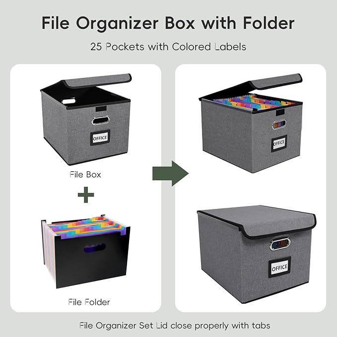 File Organizer Box with 25-Pocket Accordion Folder, File Folder & Protective Lid - Document Storage for Home, Office, School, Light Grey