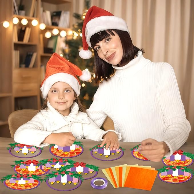 Qyeahkj 36 Set Christmas Advent Wreath Suncatchers Crafts for DIY Advent Candle Tissue Paper Craft Kit Hanging Decor for Xmas Holiday Home Activity Art Project Birthday Party Favor Gift