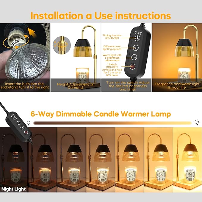 Candle Warmer Lamp with Timer Auto Off, Rose Gold Candle Burning Lamps Dimmable Height Adjustable Wax Melting Bedroom Night Light Metal Glass Lamp with Two GU10 Bulbs-Gift