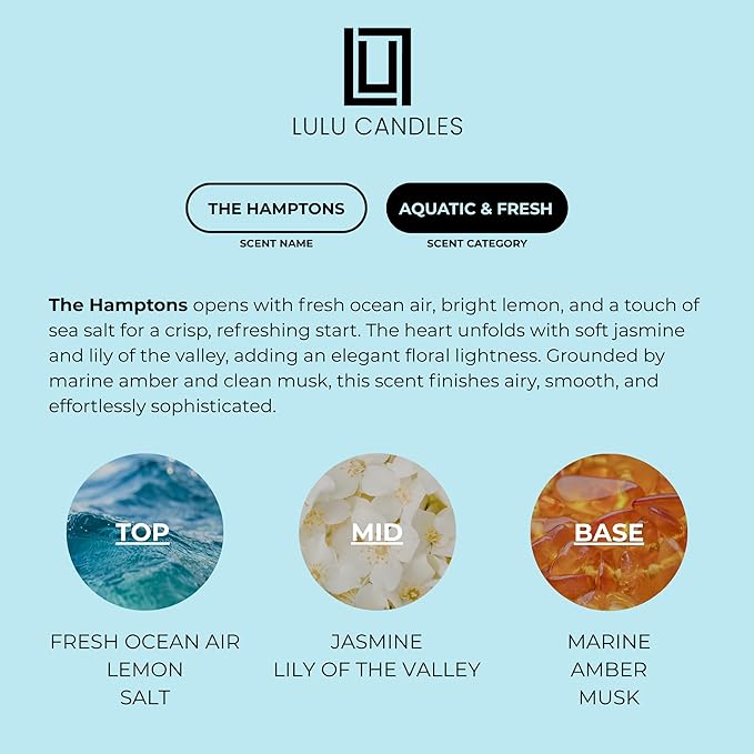 Lulu Candles | The Hamptons - Fresh Citrus & Ocean Mist | Luxury Scented Soy Jar Candle | Hand Poured in The USA | Highly Scented & Long Lasting (9 Oz.)