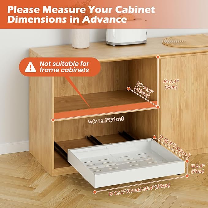 1Pack Expandable Pull Out Cabinet Organizer 16.5"Deep, Adjustable Width 12.2"-20.4" Slide Out Drawers & Roll Out Shelves for Kitchen Cabinets, Easy Install with Double-Sided Adhesive, White