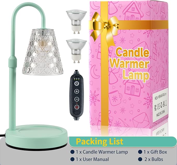 Candle Warmer Lamp Green with Timer Dimmable, Birthday Gifts for Women Mom, House Warming Gifts New Home Decor, Wax Melt Warmer for Jar Candles with 2 Bulbs