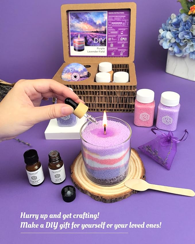 Lavender Field DIY Pearled Candle Sand Set -11 Oz Sand Wax Beads (6 Colors), 2x10ml Scented Essential Oils, 4 Reusable Wicks, Glass Cup & Spoon, Home Decor & Handmade Gift & Craft Enthusiasts