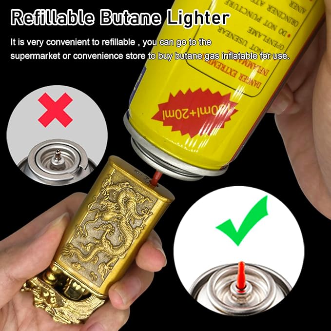 Torch Lighter Magic Dual Flame Dragon Lighter, Windproof Adjustable Jet Flame and Soft Flame, Refillable Butane Torch Lighter for Candle, Kitchen, Camping, BBQ (Without Butane)-Gold