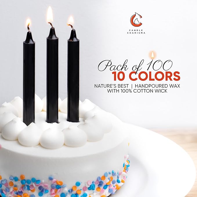 Candle Charisma 100 Black Spell Candles - 4" Unscented Paraffin Chime Candles, Smokeless & Dripless, Colored Candles, 1.5 Hours Burn Time 0.4" Thick Taper Candles for Rituals,Birthdays and Parties