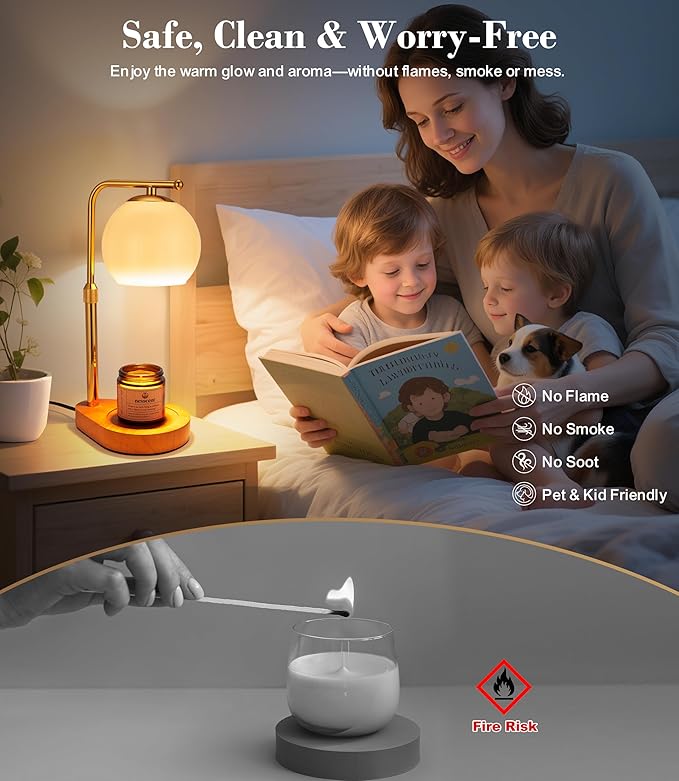 Ivory Glass Candle Warmer Lamp Adjustable Height Dimmer 2 4 8 Hour Timer Dark Wood Base Wax Melter Includes Scented Candle and 2 Bulbs for Cozy Bedroom Living Room Home Decor