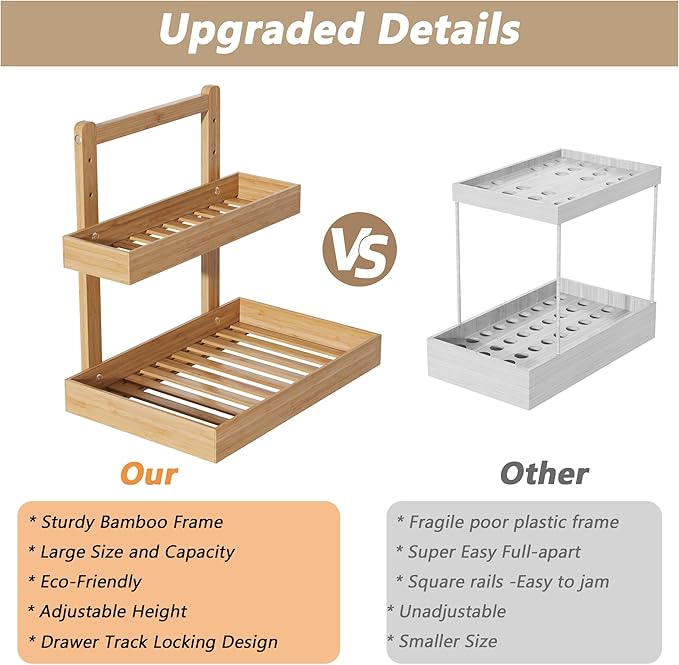 Bamboo Under Sink Organizer and Storage, 2 Tier Pull Out Cabinet Organizer, Slide Out Under Sink Storage Shelf, Undersink Organizers Shelves for Kitchen Bathroom Organization (Nature, 2 Packs)