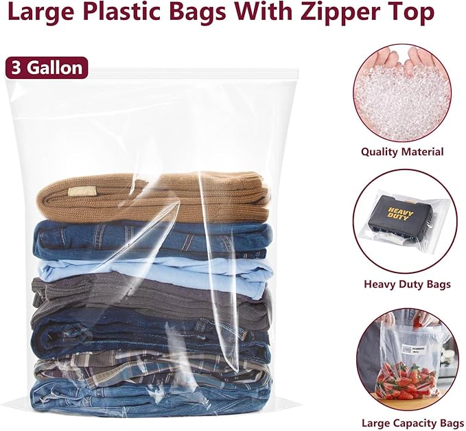 Large Plastic Bags With Zipper Top,3 Gallon,16" x 18",10 Pack,Extra Large Storage Packing for Clothes,Travel, Moving, Large Reusable bags,Heavy-Duty,BPA-Free, 2-mil Thick Clear Plastic