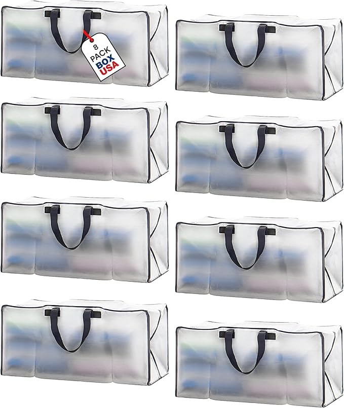 BOX USA 8-Pack Moving Bags with Strong Handles & Zippers - Heavy Duty Extra Large Packing Bags for Storage, Moving Boxes, Dorm & College Supplies, Clear