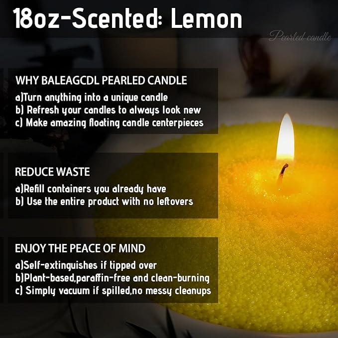 Azure Whisper Pearled Candle – 18oz Zesty Lemon Scented Sand Candles with 30 Wicks | Refillable Yellow Wax Long-Lasting Powder 120 Hours for Kitchen & Home Freshening