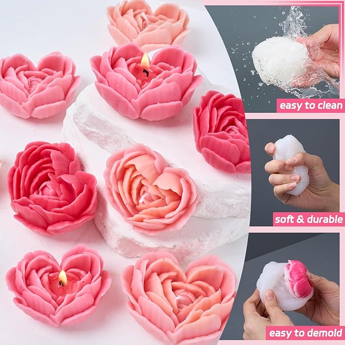 Heart Rose Silicone Molds Heart Candle Making Kit with Candle Wicks 3D Flower Silicone Molds for Candles DIY Handmade Soap Mould for Valentine's Day Gift