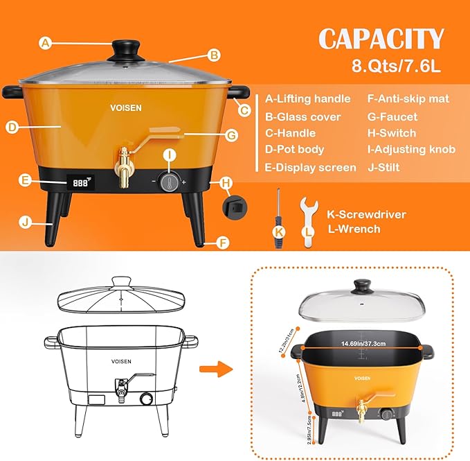 VOISEN Wax Melter for Candle Making, 8Qts Candle Wax Melting Pot with Spout for Soy Wax Soap Base, Electric Wax Melter for Candle Making with Temp Control, Easy Pour,Non-Stick(Orange)