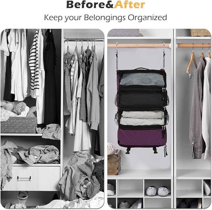 TABITORA Travel Luggage Organizer Hanging Packing Cubes Portable Hanging Shelves Carry on Closet for Suitcase with 2 Hooks,Collapsible(Purple,M)