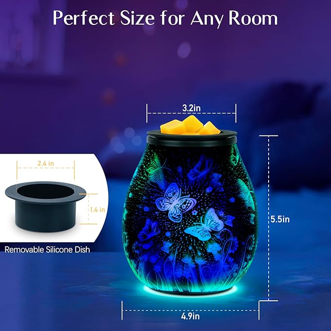 EQUSUPRO Wax Melt Warmer Wax Melter Wax Burner for Scented Wax Melts Electric Fragrance Warmer for Wax Cubes & Tarts, Vivid 3D Design 7 Colors LED Light Gift & Decor for Home Office (3D Butterfly)