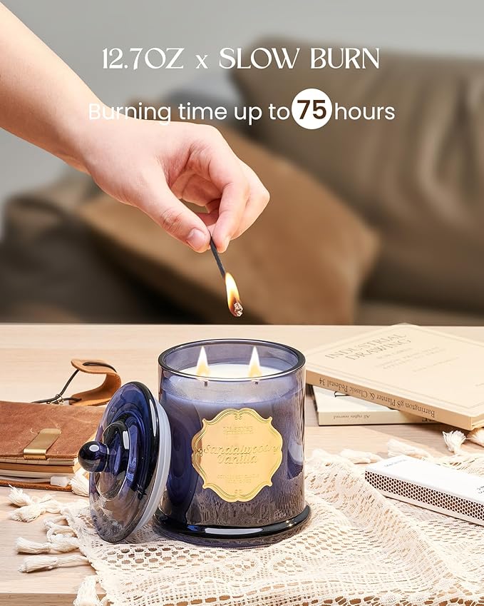 M&SENSE Sandalwood Vanilla Soy Candle for Home, Natural Organic 12.7oz 75H Long Lasting Jar Candle, Winter Aromatherapy Candle for Relaxation Stress Relief, Housewarming New Year Gifts
