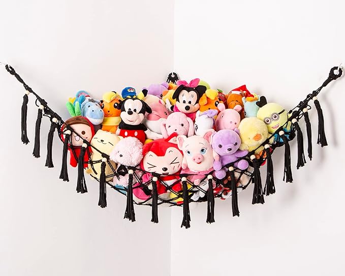 YKBU Stuffed Animal Toy Hammock Hanging- Macrame Toy Hammock with Tassels-Stuff Animals Organizer Storage Boho Large Corner Plush Toys Net Holder for Nursery, Play Room, Kids Bedroom (Black)