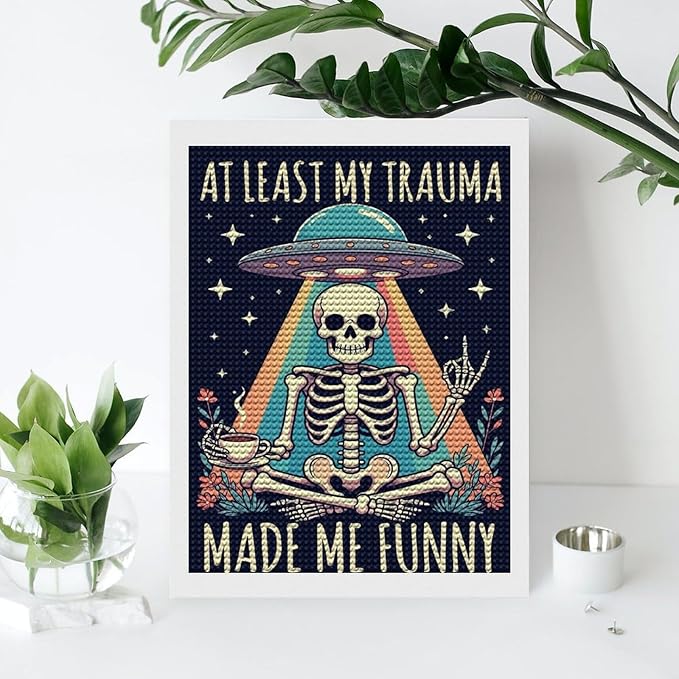 KIVJMSIDJA 5D Diamond Painting Kit for Skull Skeleton “At Least My Trauma Made Me Funny” Adults Full Drill Round Rhinestone Art Craft DIY Home Wall Decor 12"x16"