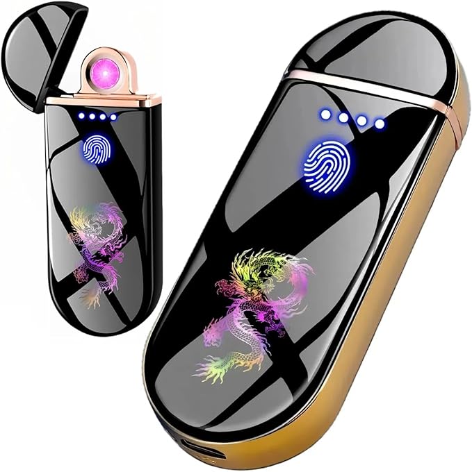 Spinning Arc Lighter, Windproof Flameless Electric Lighter, Touch Sensor Electronic Lighters, USB Rechargeable, with Dynamic Cool LED Lights, Dragon (Polished Gold)