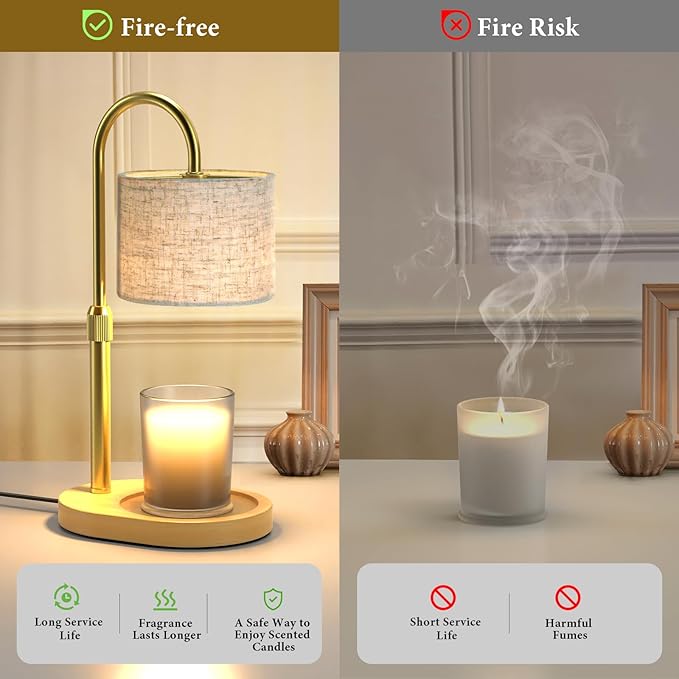 Gold Candle Warmer Lamp with Timer Dimmer, Height Adjustable Electric Candle Warmer Wax Heater with Wooden Base 2 Bulbs, Birthday Gifts for Women Her, Mom, House Warming Gifts New Home