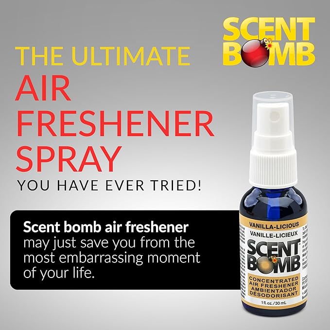 Scent Bomb Air Freshener Spray, Long-Lasting Odor Eliminator - Effective Deodorizer for Home & Car, Fresh Room Spray for Kitchen, Bathroom & Smell Neutralizer - 1 oz Pack of 4, Vanilla-liscious Scent