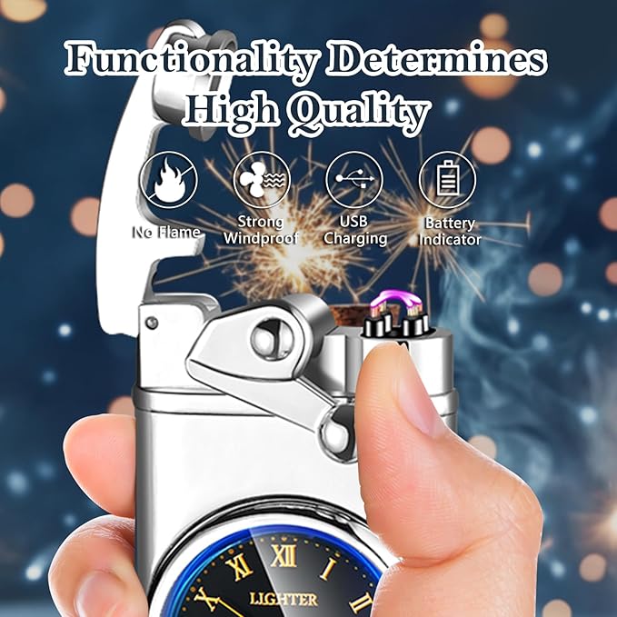 Electric Lighter USB Rechargeable Lighters, Windproof Dual Arc Plasma Lighter, Flameless Electronic Cool Lighters with LED Battery Indication for Men (Silver Clock)