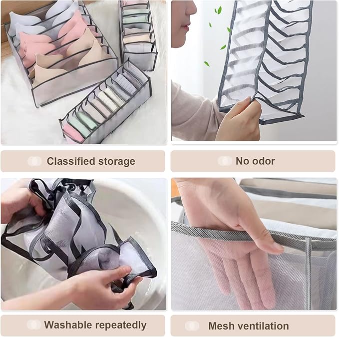 6 Pcs Underwear Drawer Organizer, Foldable Underwear Storage Divider Boxes 6/7/11 Cell Closet Clothing Organizers for Bras Panties Ties Socks Scarves Clothes