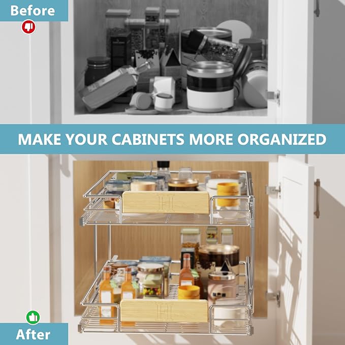 LOVMOR 2 Tier Pull Out Cabinet Organizer 13½" W x 21½" D, Slide Out Drawers with Wooden Handle, Sliding Shelves Organization and Storage for Kitchen, Pantry