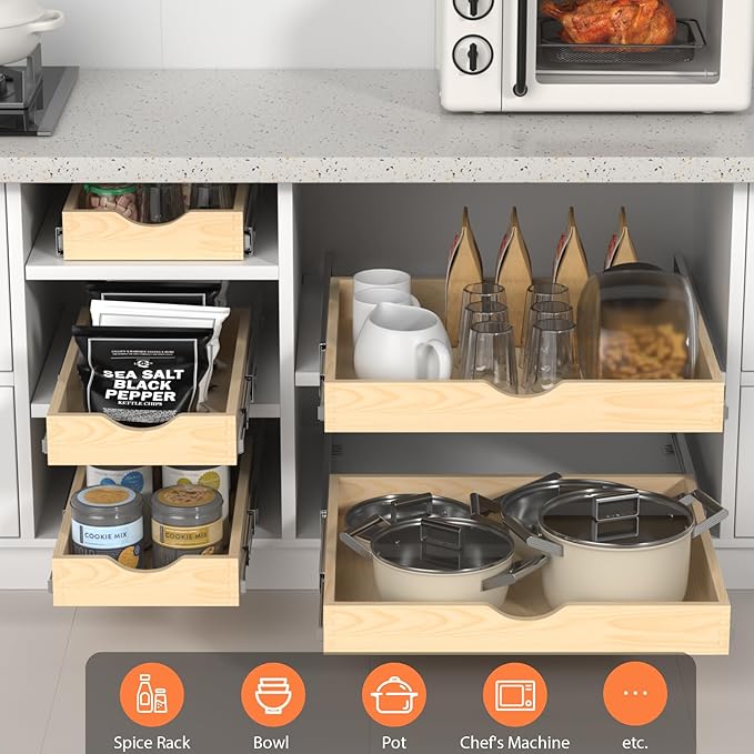 ZOINLIY 24''W X 21''D X 3''H Wooden Pull Out Drawer for Cabinet, Cabinet Organizer for Kitchen, Soft Close Slide Out Shelves, Heavy Duty, Fully Expandable