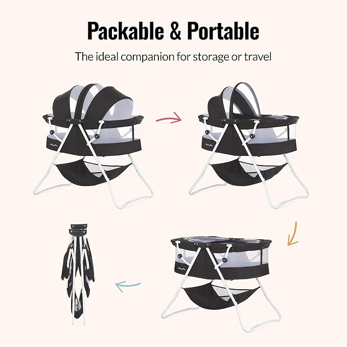 Dream On Me Karley Bassinet, Award Winner Lightweight Travel Baby Bassinet, Foldable Bedside Sleeper, Adjustable Double Canopy, Spacious Design, Soft Fabric, Storage Basket – Black