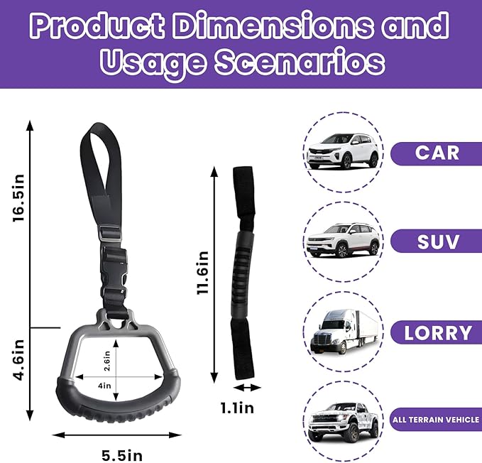 2-in-1 Car Assist Handle Kit | Adjustable Overhead & Backseat Assist Bar with Soft Rubber Grip for Added Support Entering and Exiting Vehicle (4, Black)