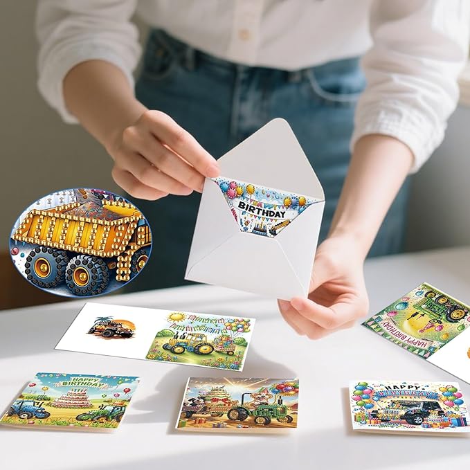 5D Diamond Art Painting Greeting Cards Kit, DIY Cards for Blessings Congratulations Gifts, Greeting Card Set for Birthday Thanksgiving Day Christmas Halloween-Tractor Buggy