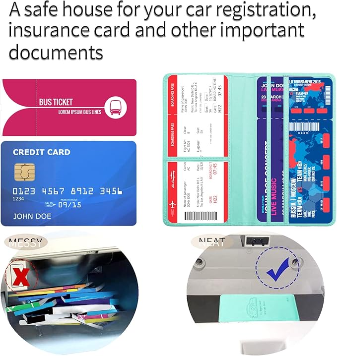 Car Registration and Insurance Card Holder - Leather Vehicle Glove Box Automobile Documents Paperwork Wallet Case Organizer for ID, Driver's License, Key Contact Information Cards - Men&Women
