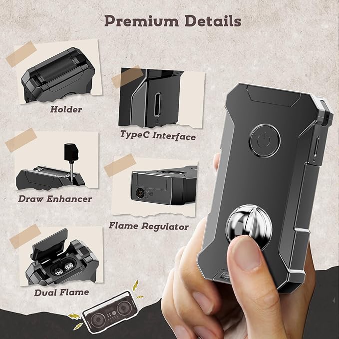5-in-1 Torch Lighter with Tool, Holder, Punch, Draw Enhancer Tool, Double Jet Flame, Windproof Lighters, Gifts for Men, Rechargeable Refillable Butane Lighter, Cool Lighters for Men Candles (Gray)