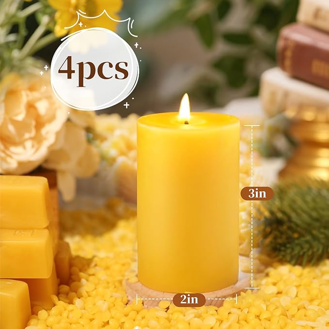 Natural Beeswax Pillar Candles, 2x3in Organic Pillar Candles-128 Hours Pure Beeswax Candles Long Burning Time Smokeless Dripless Bees Wax Candle for Home Paryer Relax, 4 Packs