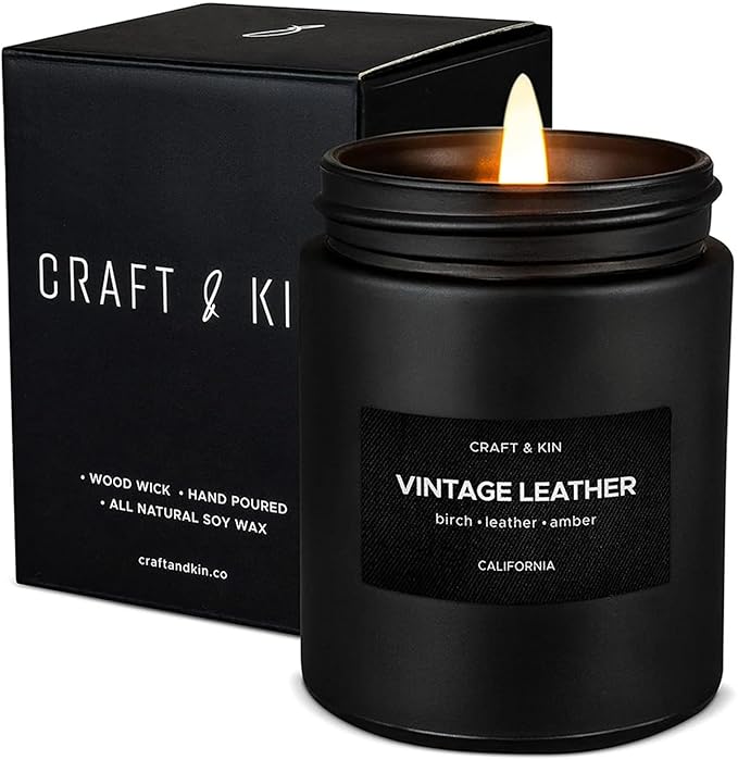 Craft & Kin Premium Vintage Leather Candle | Black Scented Candles for Men | Long Lasting with 45 Hour Burn Time, 7.6oz | Soy Candles | Aromatherapy at Home | Gifts for Men
