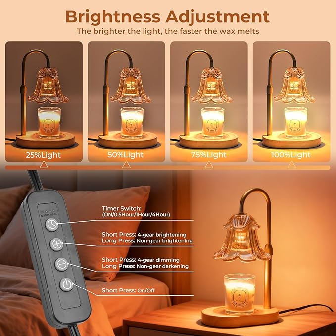 Candle Warmer Lamp with Timer Dimmable, Wax Melt Warmer Adjustable Height, Flower Warmer Lamp with 2 Bulbs for Jar Candles, House Warming New Home Decor, Gift for Mom Women (Amber)