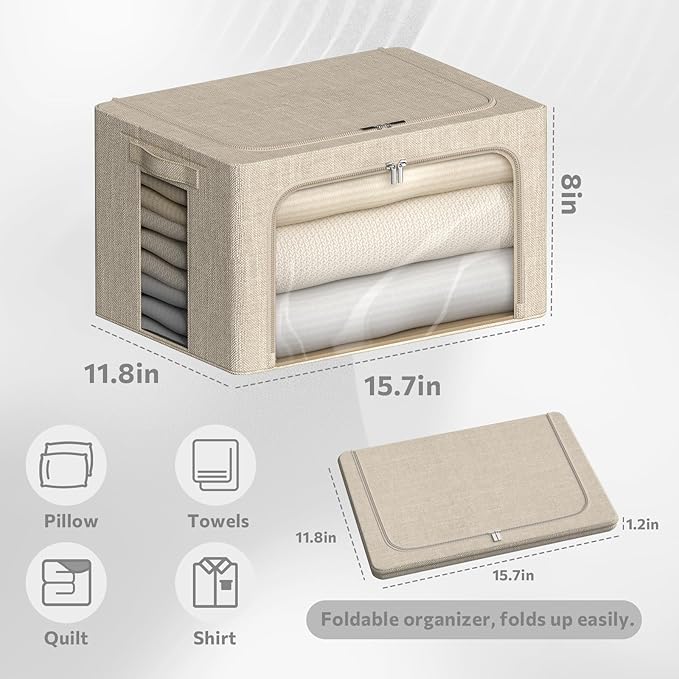 CYhom 4 Pack Clothes Storage Bins with Metal Frame - Linen Fabric Foldable Stackable Container Organizer Set with Clear Window & Carry Handles & Zippers (Beige, 15.7"x11.8"x7.8")
