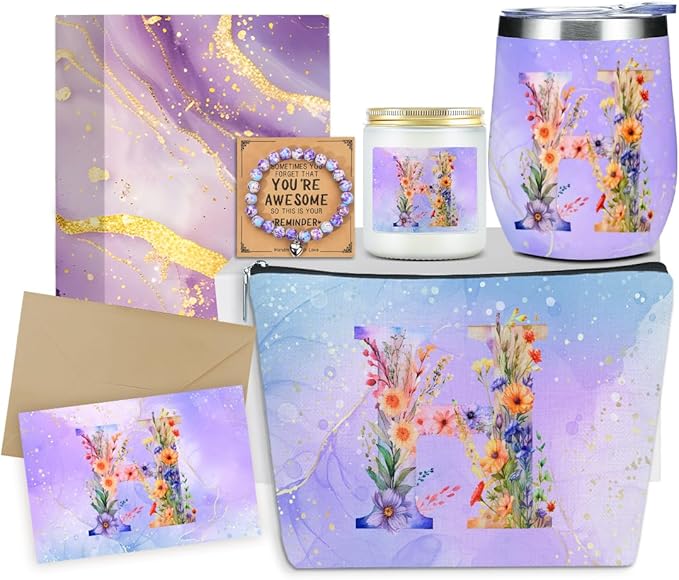 Personalized Gifts Monogrammed Birthday Gifts for Women, Bridesmaid Bachelorette Party Christmas Initial Wine Tumbler Makeup Bag Scented Candle Bracelet Set, (Aesthetic Purple Flower H)