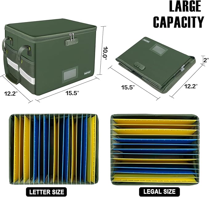 ENGPOW File Box with Lock, Fireproof Document Box with Zipper Lid, Collapsible File Storage Organizer Filing Cabinet with Handle, Portable Home Office Safe for Hanging Letter/Legal Folders, Green