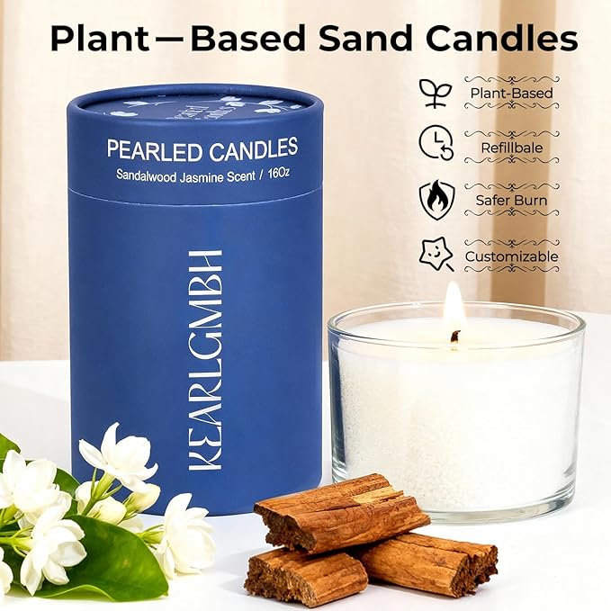Sand Candle Making Kit Gift Set - Pearled Candle Sand and Wicks, Lidded Large Glass Jar, Jasmine Sandalwood Scent, 100-Hour Burn, Pearled Candles Making Christmas Gift for Adults & Beginners