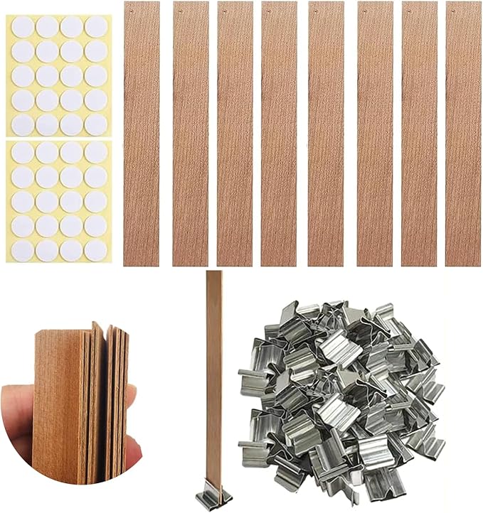 120 PCS Wooden Candle Wicks - 1mm Thick Natural Wood With Wick Stickers & Clips for DIY Candle Making